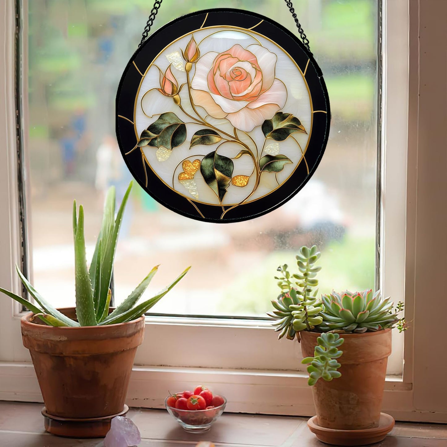 AMDERVEN Stained Glass Window Hanging - Black White Pink Rose Sun Catcher for Door Home Decor Flower Suncatcher Christmas Mother's Day Birthday Gifts for Women Men Lovers Mom Nana 9.8 in