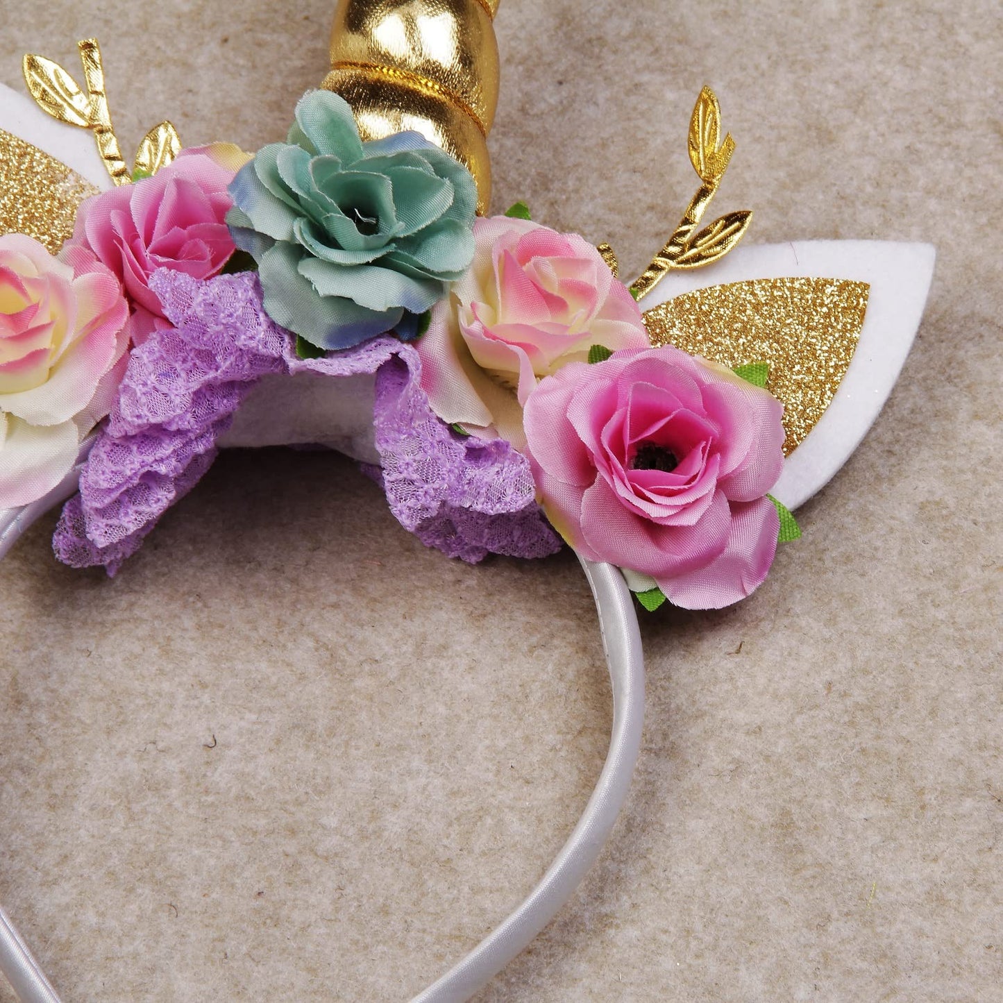 Nishine Unicorn Horn Floral Headband Glitter Ears Pony Head Bands Tiara for Girls Party Birthday Cosplay (Gold&Mint)