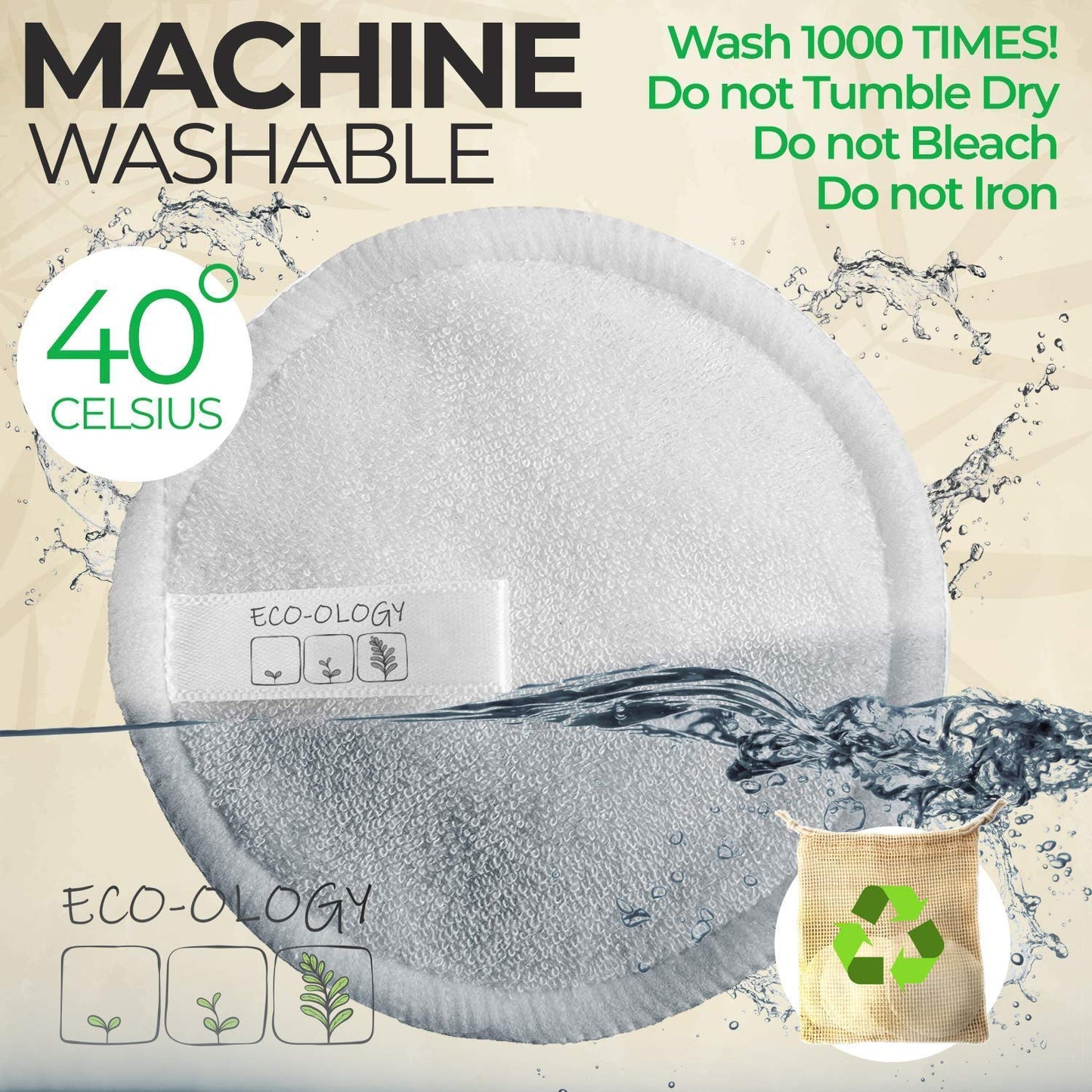 ECO-OLOGY™ 20 Reusable Makeup Remover Pads with Bamboo Storage Pot, 100x Biodegradable Ear Buds and Cotton Laundry Bag. Reusable Cotton Pads, for Cleansing or Removing Makeup