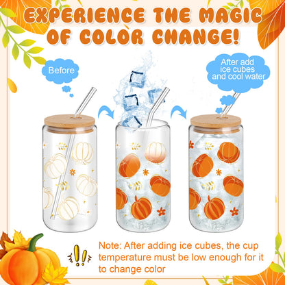 Yetene 12 Pcs Thanksgiving Fall Glass Cups Gifts 16 oz Color Changing Pumpkin Glass Tumblers with Lids Straws Brushes Funny Fall Pumpkin Iced Coffee Cups for Autumn Halloween Party Gifts Supplies