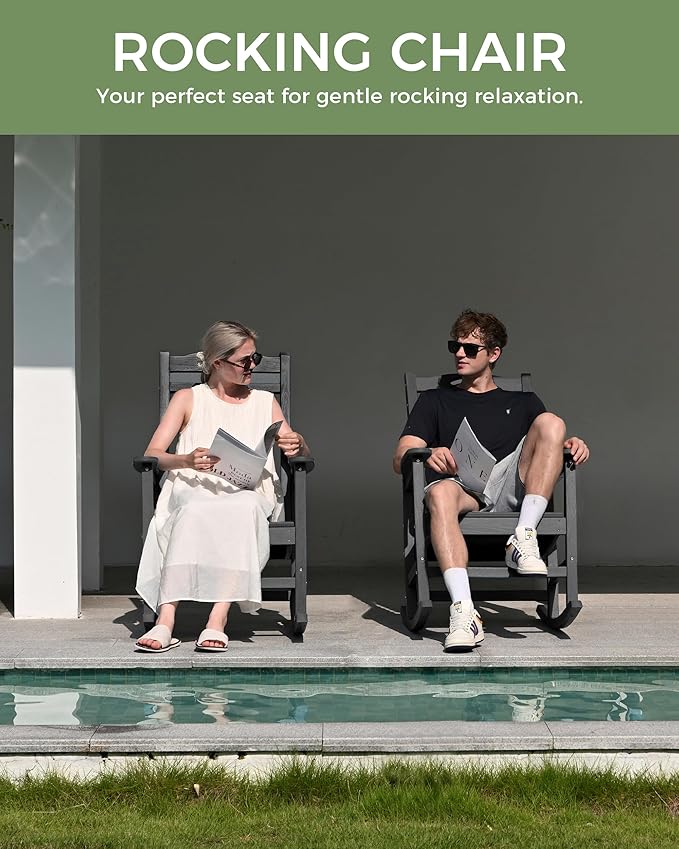 Oversized Outdoor Rocking Chair, HDPE All Weather Resistant Patio Rocking Chair, High Back Porch Rocking Chair, 380lbs Weight Capacity, Dark Grey