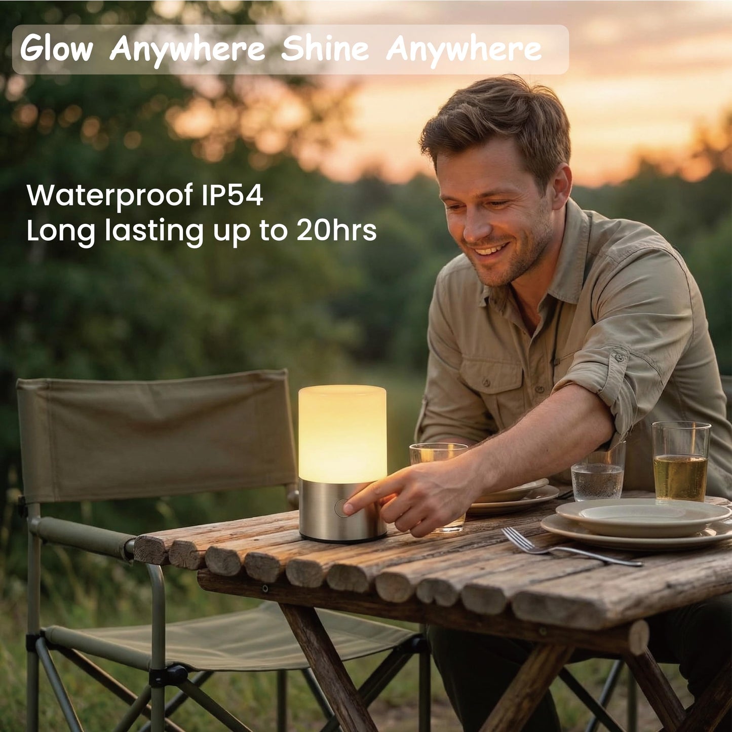 LomakGlow Small Table Lamp - Rechargeable, Portable, Up to 20-Hour Battery Life, 10 Brightness Levels, Auto-Off Timer, Waterproof, Warm Light for Bedside, Travel, Camping & Décor-Nickel Finish