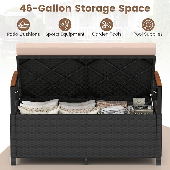 RELAX4LIFE Wicker Outdoor Storage Bench, Rattan Deck Box w/Protective Liner for Patio Furniture Pillows & Garden Tools, Porch Loveseat with Seat Cushion, Acacia Wood Armrests (Black-Beige)