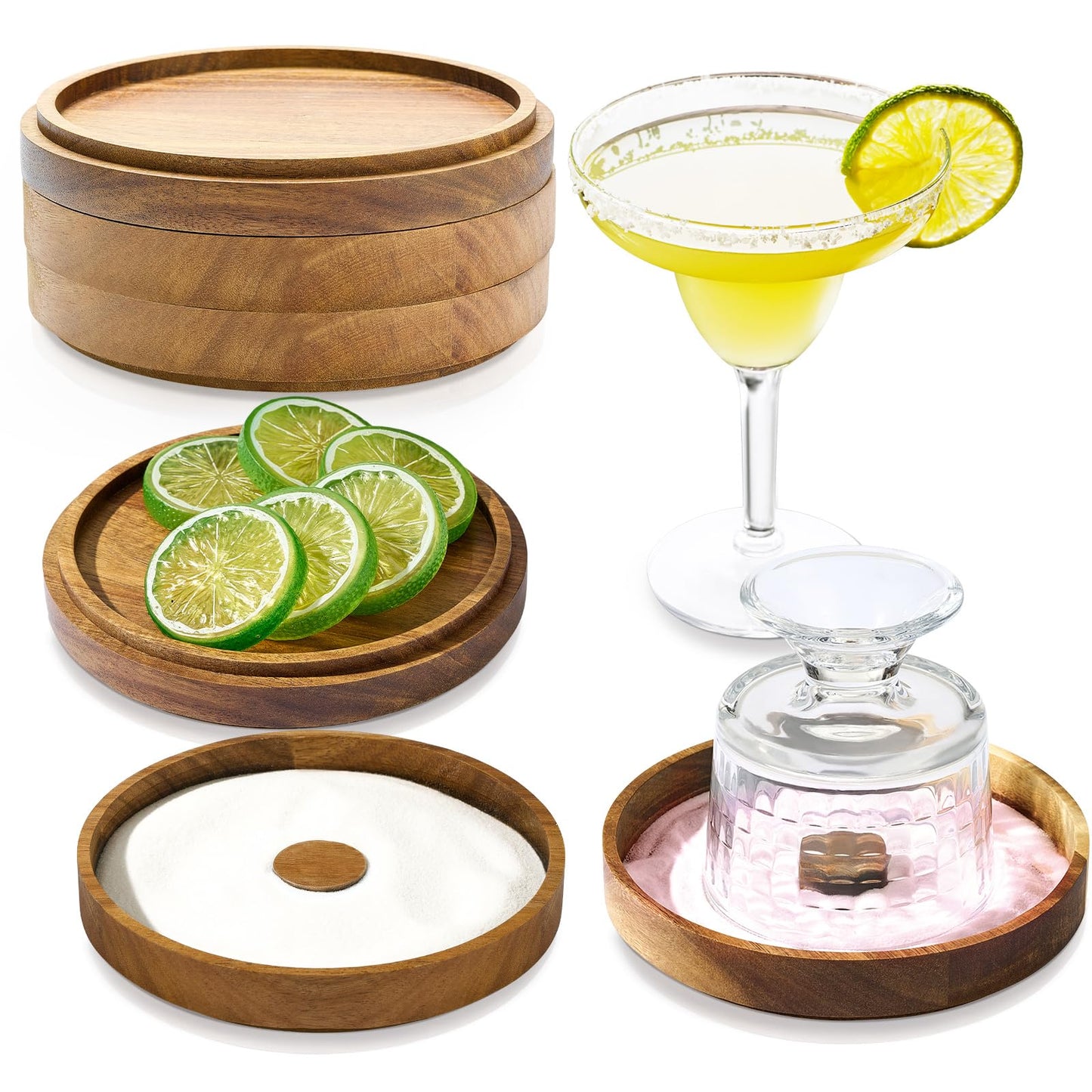 Domensi 2 Sets 3-Tier Acacia Wood Bar Glass Rimmer, 5.6" Margarita Salt Rimmer Set Salt and Sugar Tray for Cocktails Tequila Home Bartender Bar Accessories(Acacia Wood)