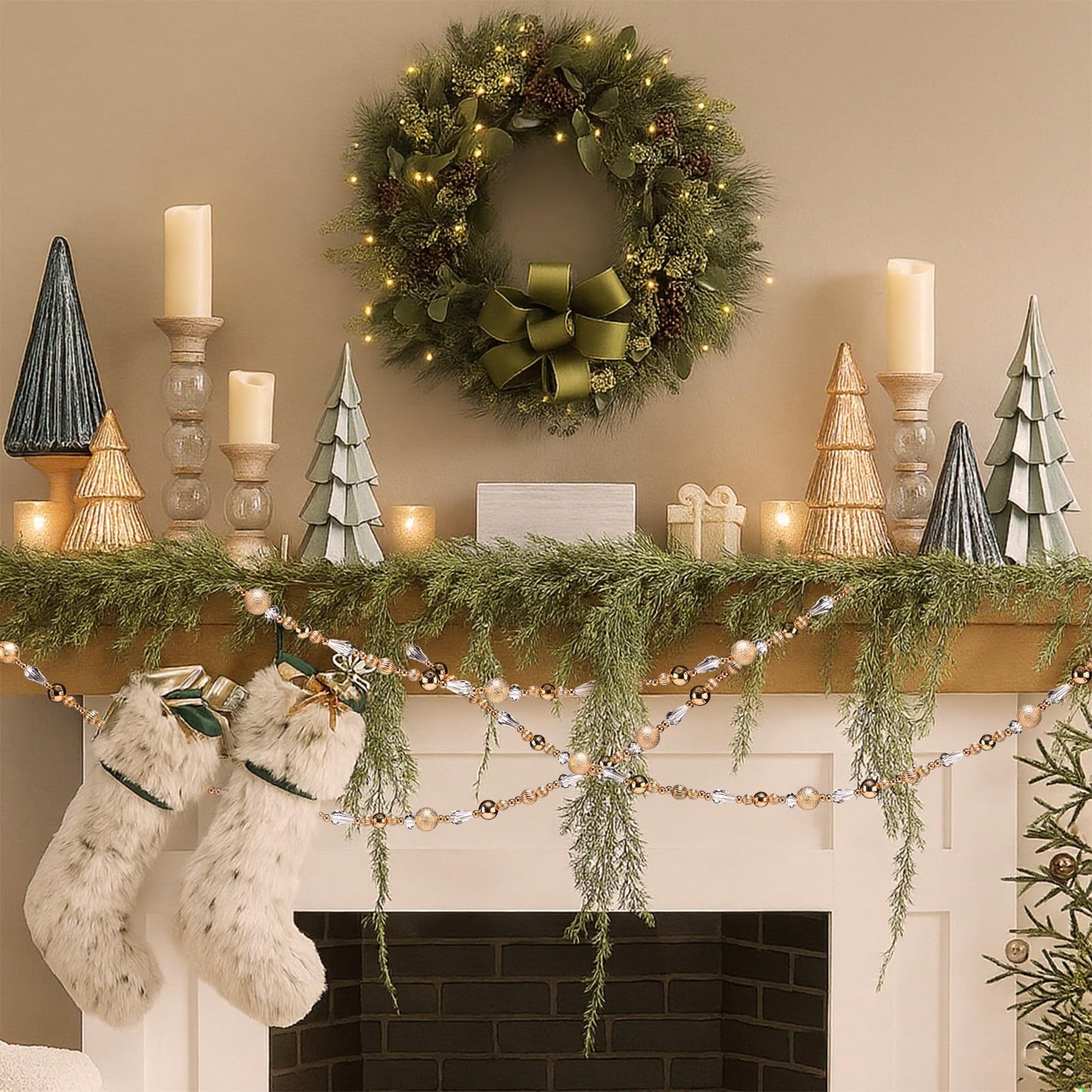 Highergo 16ft Christmas Tree Bead Garland Retro Bead Garland Candy Christmas for Tree Party Supplies Staircase Fireplace Hanging Ornaments (Gold,Ornaments)