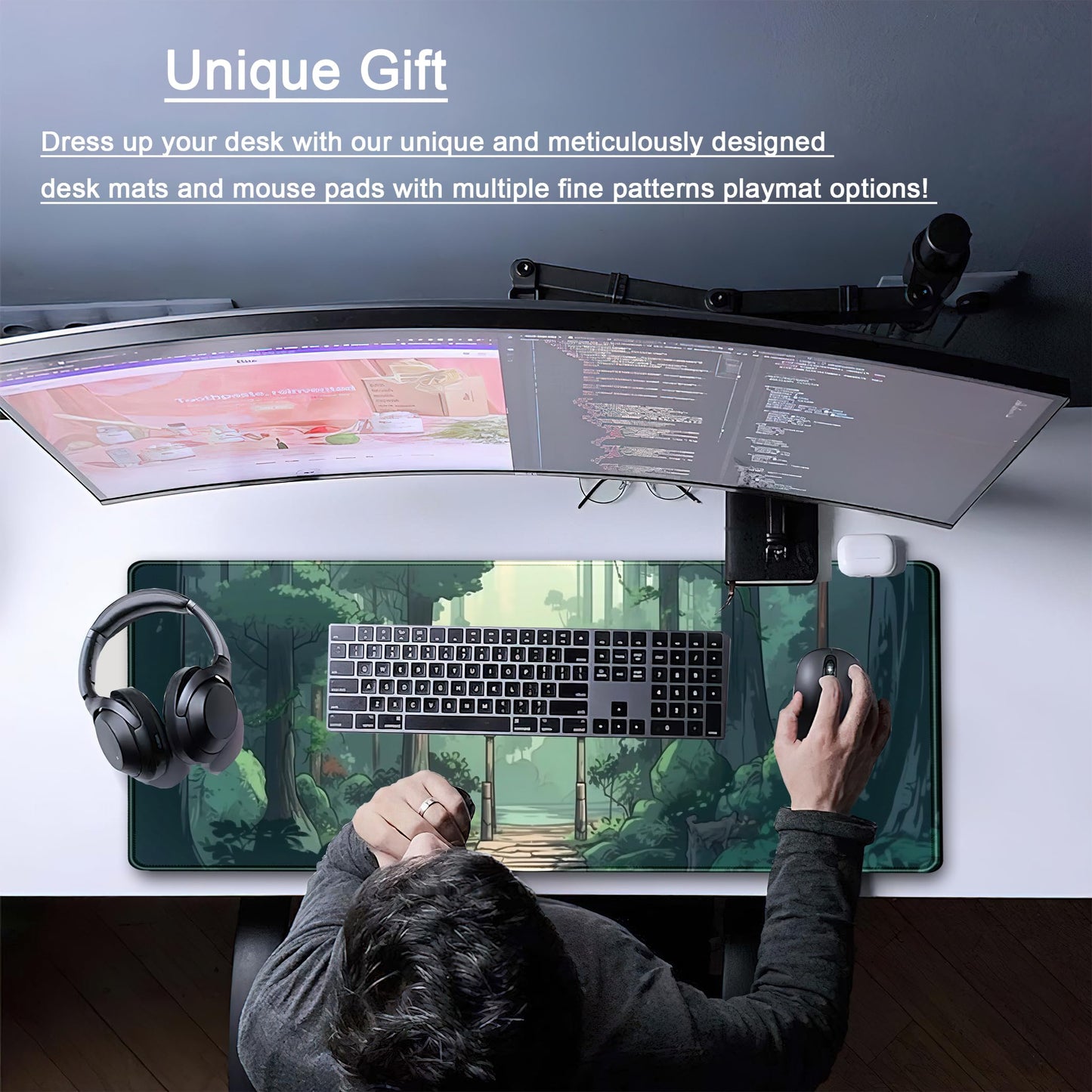 Japanese Green Forest Gaming Mouse Pad Anime Tree Woodland Desk Mat XL Large, Cute Aesthetics Women Office Desk Decor Laptop Computer Keyboard and Mouse Mat with Stitched Edges Matt 31.5''x11.8''