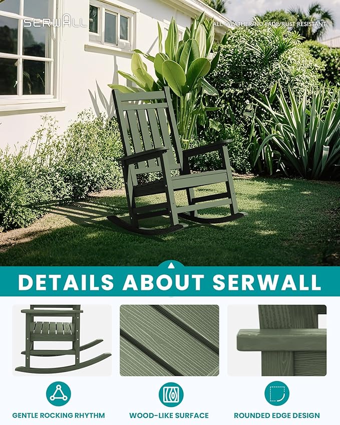 SERWALL Oversized Outdoor Rocking Chair Set of 4, HDPE Rocker for Adults, Patio Rocking Chairs for Porch, Avocado Green