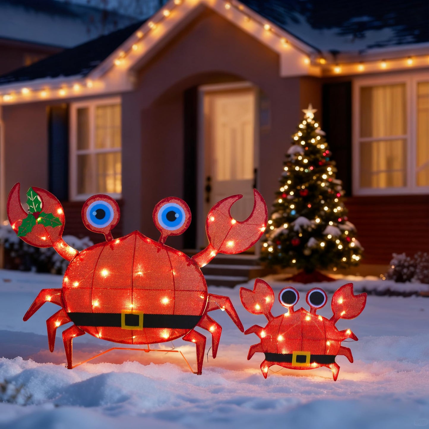 Dazzle Bright Christmas Outdoor Decorations Yard, 2 Piece Battery Operated Lighted Crab 50 LED Lights with 8 Lighting Modes, Light Up 2D Crab for Xmas Holiday Front Garden Patio Lawn Decor