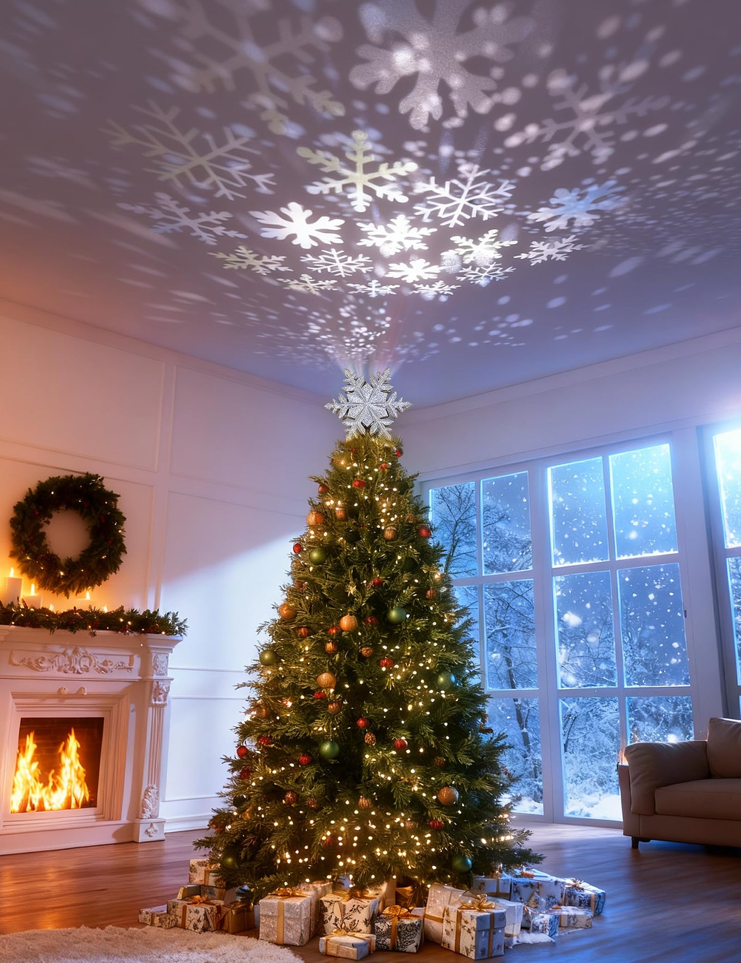 DG-Direct Christmas Tree Topper Lighted with Silver Snowflake Projector, Led Rotating Magic Snowflake, 3D Hollow Glitter Lighted Silver Snow Tree Topper for Christmas Tree Decorations