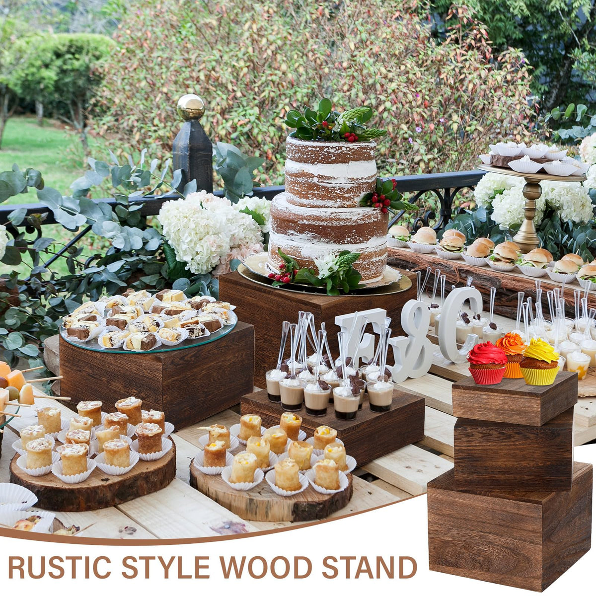 Barydat 3 Pcs Wooden Risers Stands Cake Rustic Stackable Square Cupcake Stands Base for Buffet Table Dessert Food Birthday Wedding Party