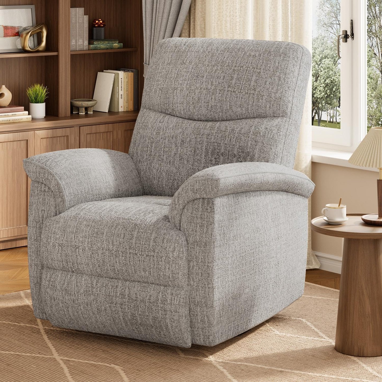 GarveeHome 360° Swivel Rocker Glider Nursery Recliner Chair, Chenille Upholstered with Padded Armrest & Deep Seat, Manual Reclining Sofa for Living Room, Bedroom, Nursery (Light Gray)