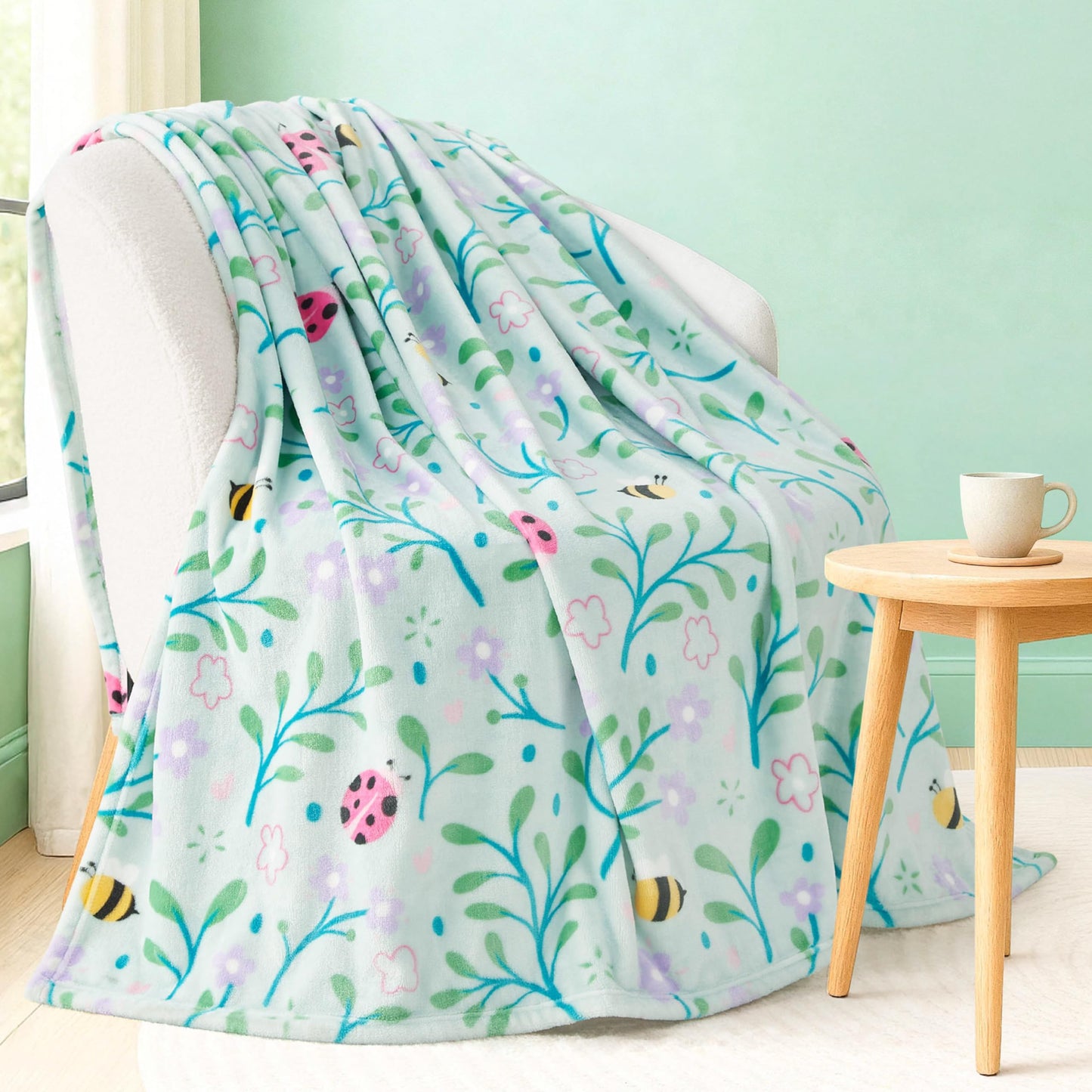 Creative Home Ideas Oversized Plush Throw Blanket 60" x 70", Bees and Lady Bugs
