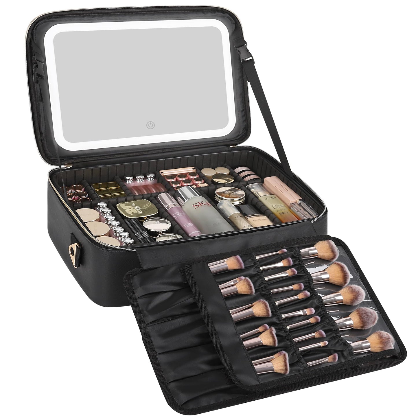 Relavel Travel Makeup Bag With LED Mirror, Cosmetic Train Case with Light up Mirror, Portable Makeup Artist Organizer Bag with Adjustable Dividers, Makeup Brush Holder Storage, Black