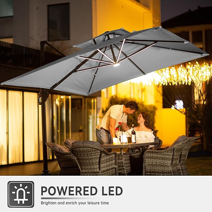 10 X 13 FT Cantilever Outdoor Patio Umbrella with Led Lights Large Heavy Duty 360° Rotation Double Top Offset Rectangular Umbrellas for Backyard Garden Pool Outside Deck, Fog Grey
