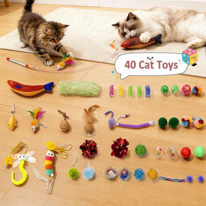 MOYMO 41 Pcs Interactive Cat Toys for Indoor Cats, Kitten Toys with Soft Pillow, Catnip Toys, Chew Rope, Feather Wand, Springs and Balls for Indoor Kittens