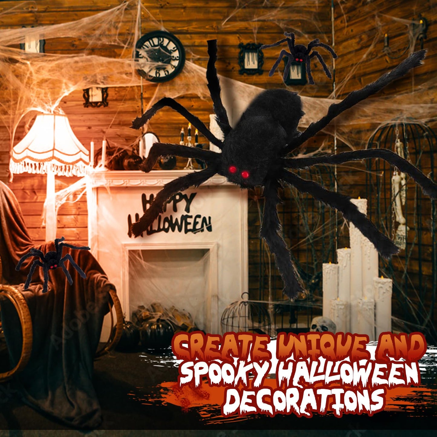 Giant Spider 6.6 Ft + 0.98 Ft*2, Halloween Decorations 78" Fake Halloween Decor Spiders Large, Furry Spiders for Outdoor Indoor Yard Home Costumes Party House Décor, 3 Pack