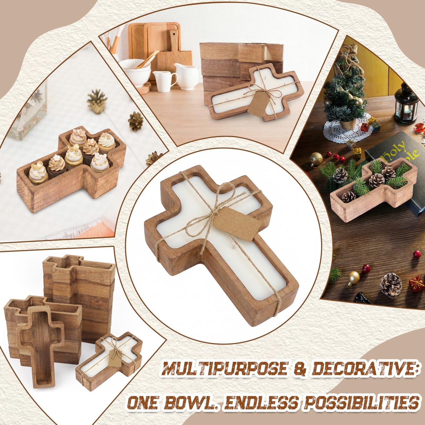 HEYTIMI 12 Pack Wooden Cross Dough Bowls, 7.42" x 4.33" Paulownia Wood Dough Bowl Set for Candle Making, Rustic Farmhouse Decor, Religious Ceremony Centerpiece, Christian Faith Gifts