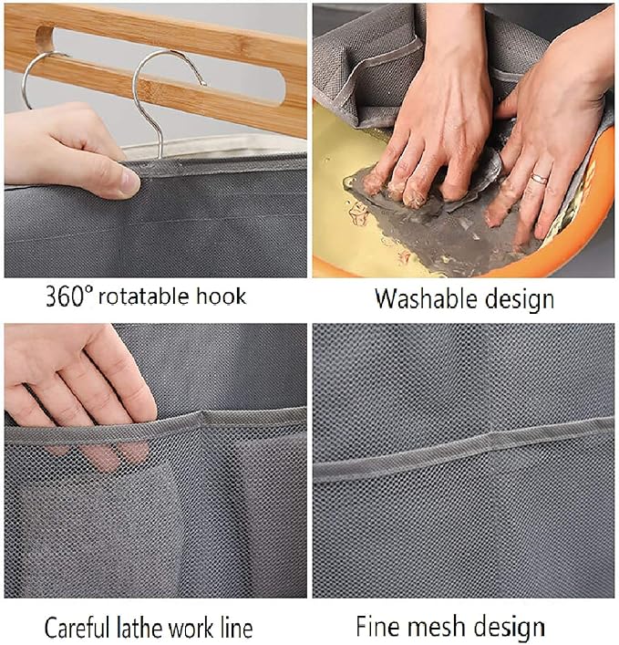 Closet Hanging Organizer with Mesh Pockets & Rotating Metal Hanger, Dual Sided