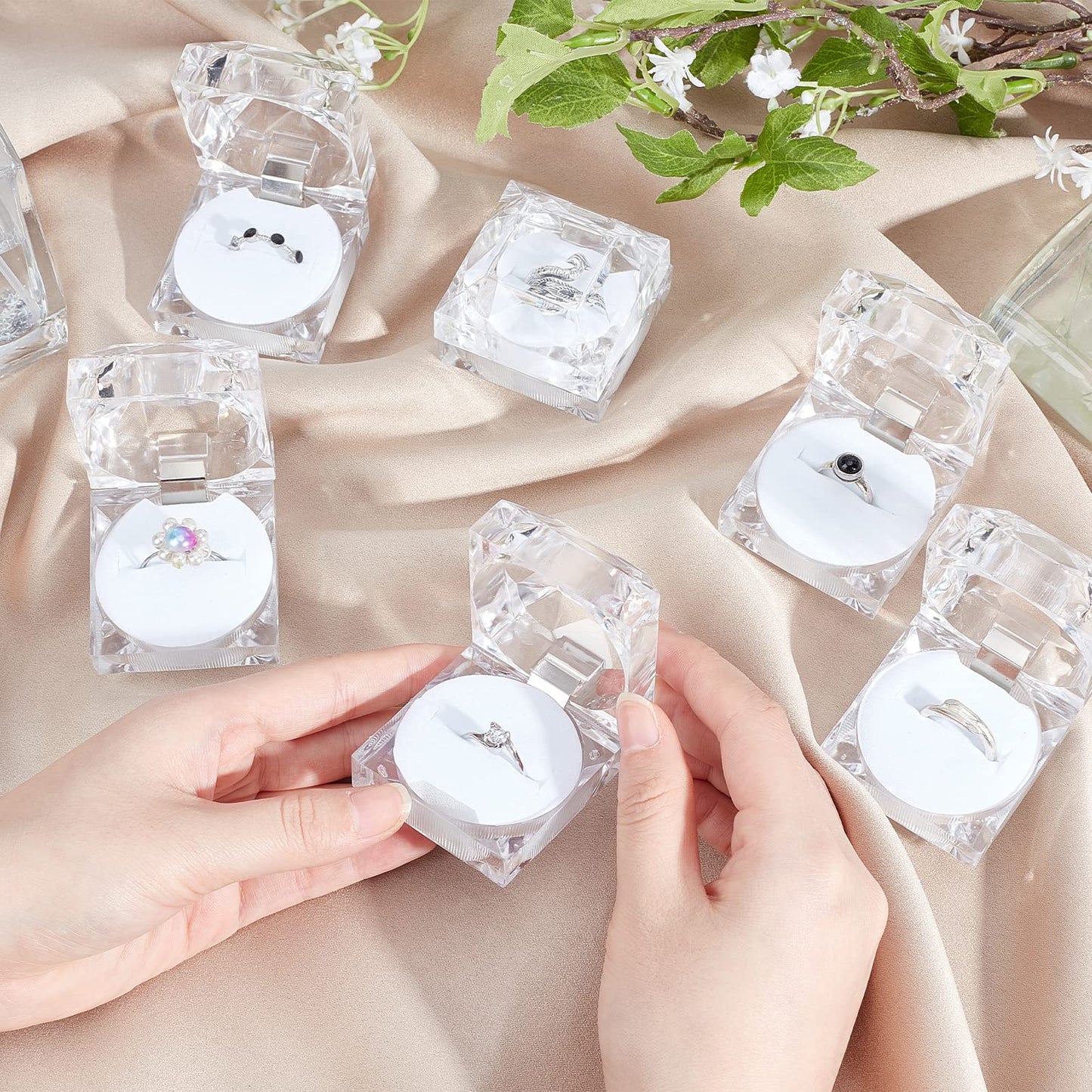 PH PandaHall 12pcs Clear Crystal Ring Gift Boxes Square Earrings Jewelry Storage Box Acrylic Ring Box Holder Display Organizer Case with Foam for Proposal Engagement Wedding Jewelry Display, White