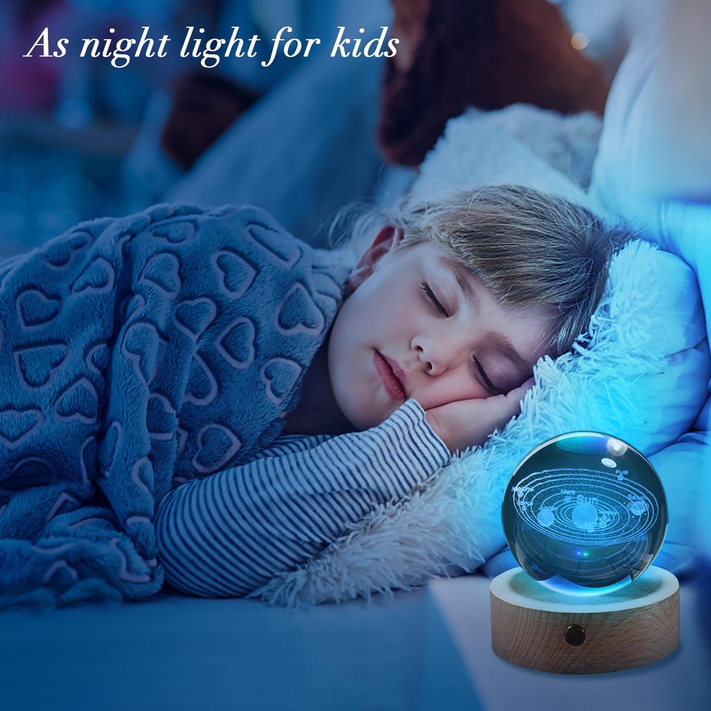3D Solar System Crystal Ball with Wood Base, Engraved Universe Planet Sphere, Kid Education Decorative Glass Ball, Decor Creative Gift
