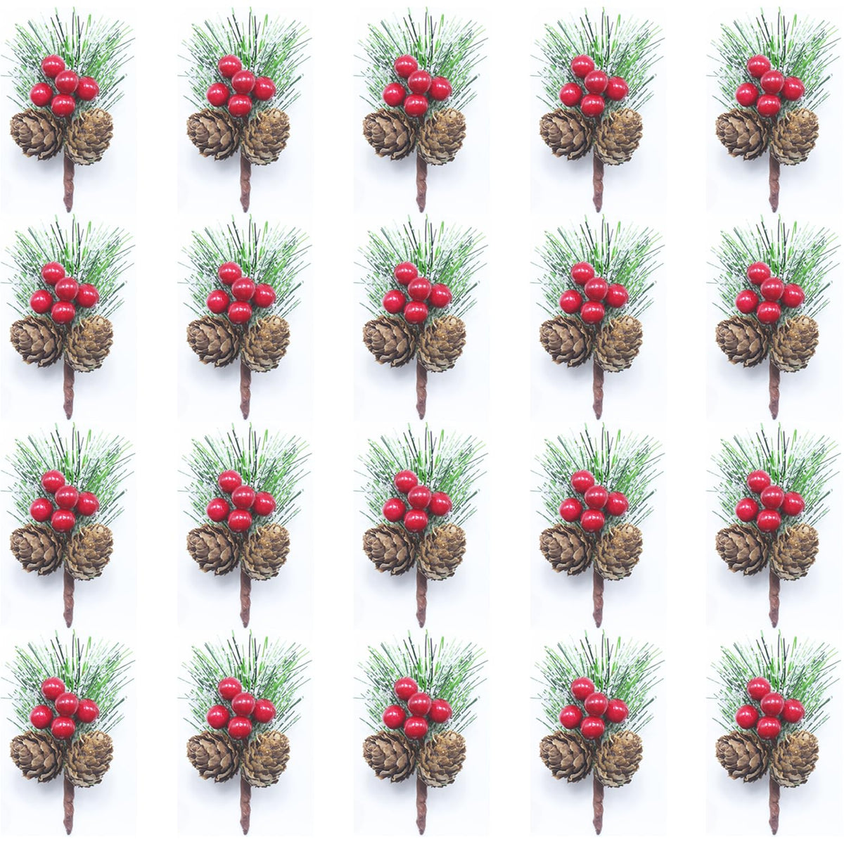 Snow Frosted Christmas Picks and Sprays, 20Pcs Artificial Pine Needles Branches with Red Berries, Pine Cones for Crafts, Floral Picks for Christmas, Winter Decor, Gift Wrap Embellishments (20)