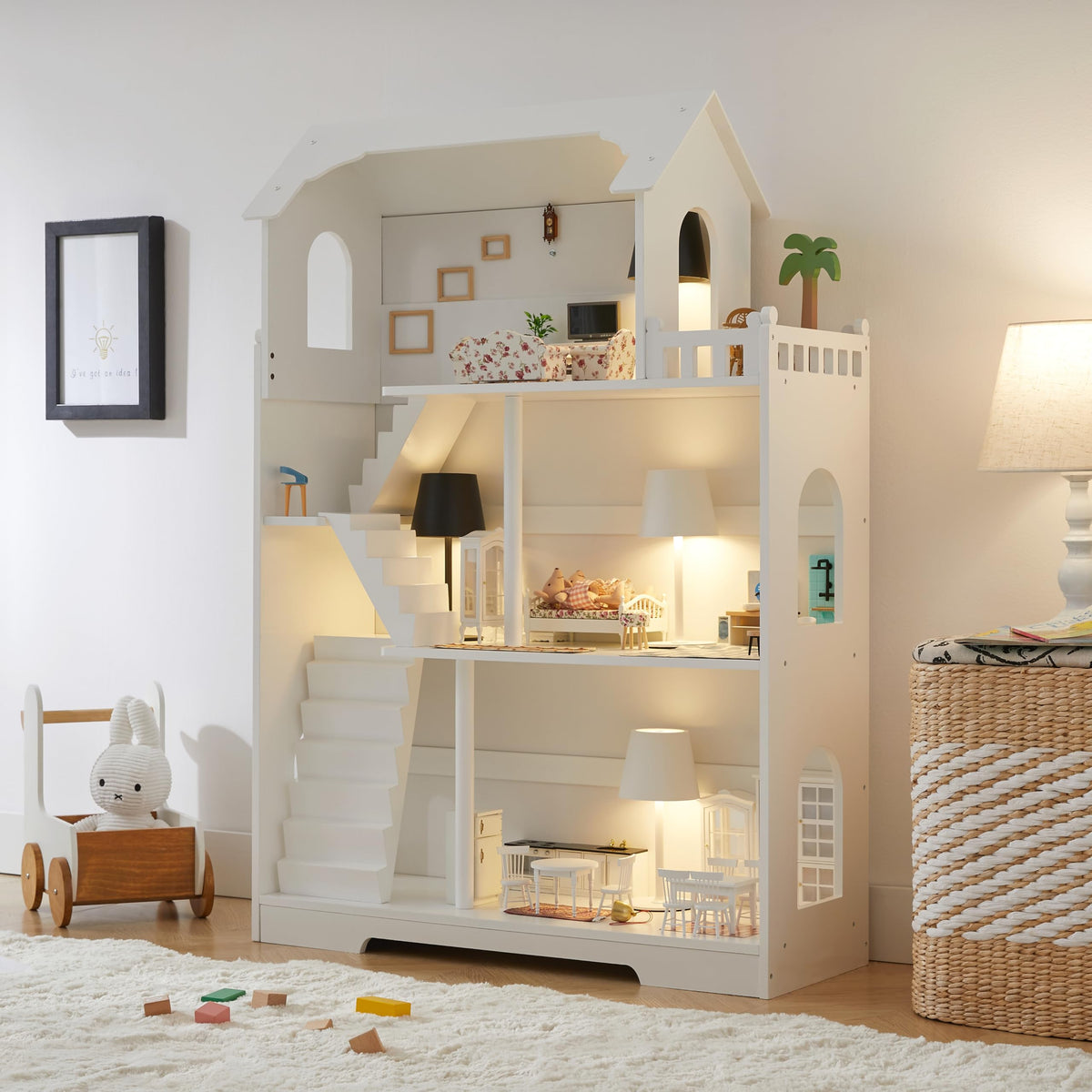 Ocinone Wooden Dollhouse Bookshelf - Toddler Doll House Bookcase, Extra Space Kids Toy Storage Book Shelf, 3-Tier Children Dollhouse, Pretend Play Toy House (Modern Flat Roof)
