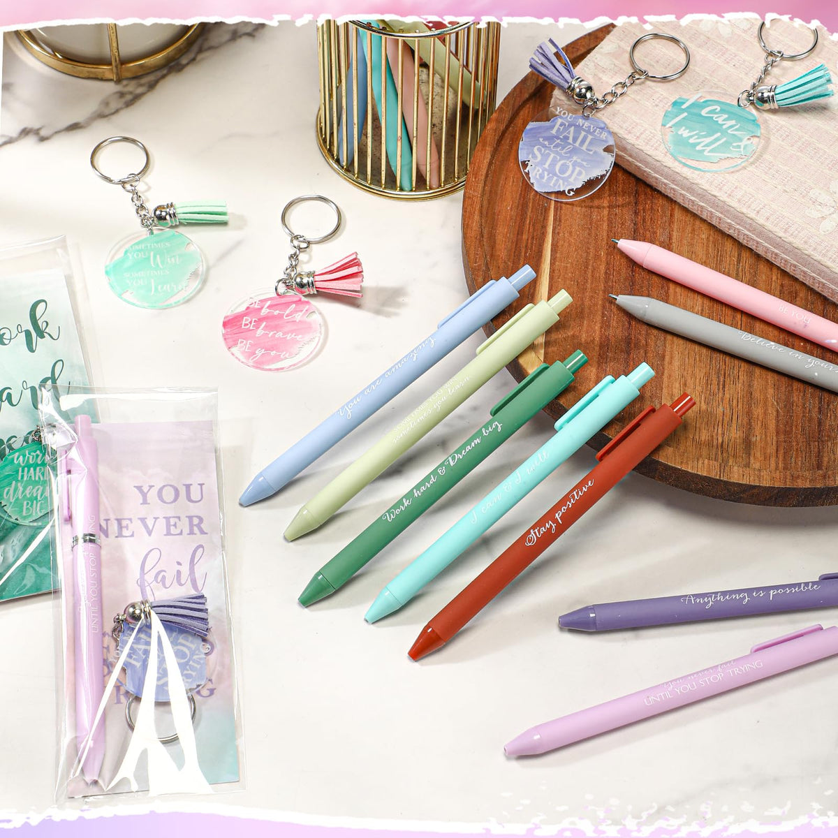 Quelay 30 Set Inspirational Gift Bulk for Women History Month Motivational Acrylic Keychain Motivational Pens Bookmarks Women Empowerment Gifts for Team Employees
