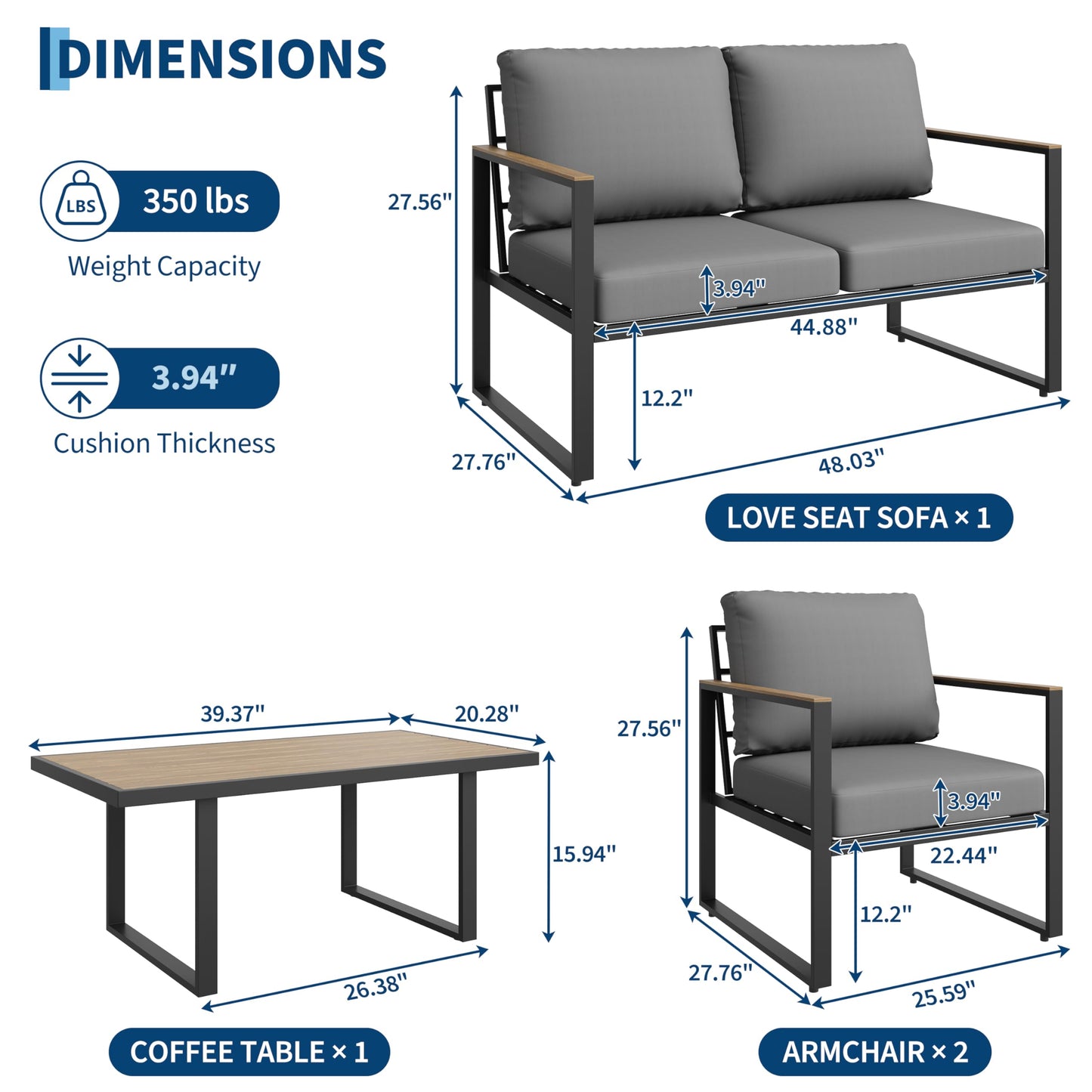 GarveeTech 4-Piece Aluminum Outdoor Sectional Sofa Set with Coffee Table, Patio Furniture Conversation Set for Porch, Poolside & Deck, Washable Thick Cushions (Gray)