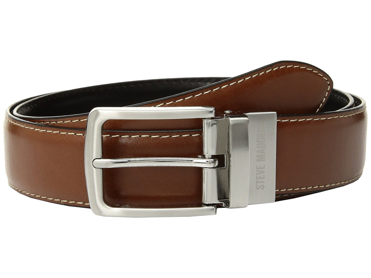 Steve Madden Reversible Men's Dress Casual Every Day Leather Belt, Cognac/Black (Feather Edge), 48