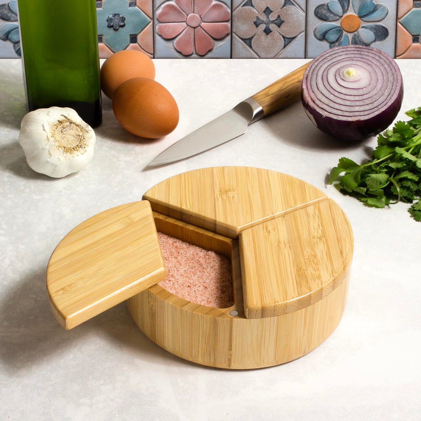 Totally Bamboo Trio Salt Cellar Storage Box with Three Compartments and Magnetic Swivel Lids, 13.2 Ounce Capacity