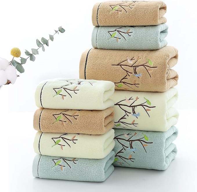 Pidada Bath Hand Towel Set of 3 Embroidered Bird Tree Pattern 100% Cotton Soft