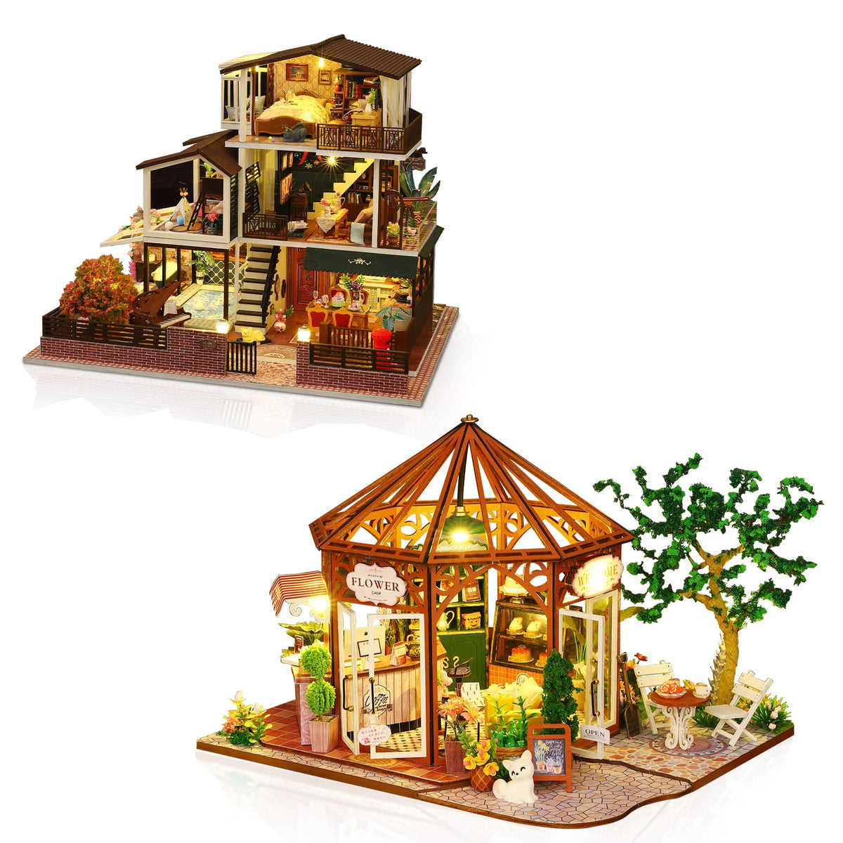 Hallisun DIY Miniature House Building Kits, Romantik Villa and Siti Mocha House 3D Wooden Dollhouse Toys, Birthday Festival Gift for Teens Adults with Dustproof Covers