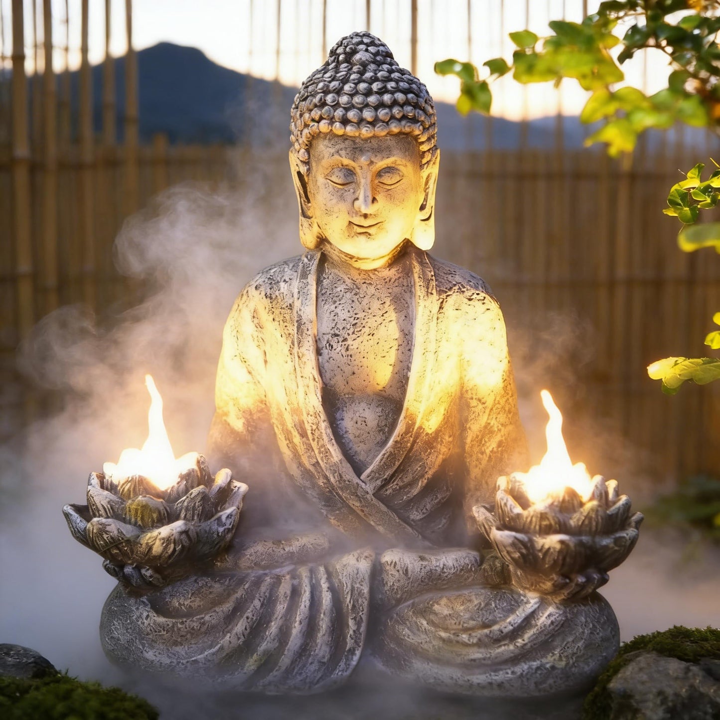 IVCOOLE Buddha Statue Zen Sculpture 11.4in Yoga Garden Decor with LED Solar Lotus Lights, Sitting Meditating Buddha Serene Resin Figurine for Patio Yard Lawn Ornaments,Inside or Outside