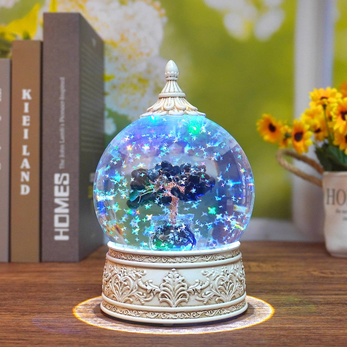 Obsidian Healing Crystal Tree Globe with Colorful Lights and Sparkling Glitter, Natural Gemstone Base, Spiritual Meditation, Positive Energy Good Luck, Home Decor, Birthday Gifts (Obsidian)