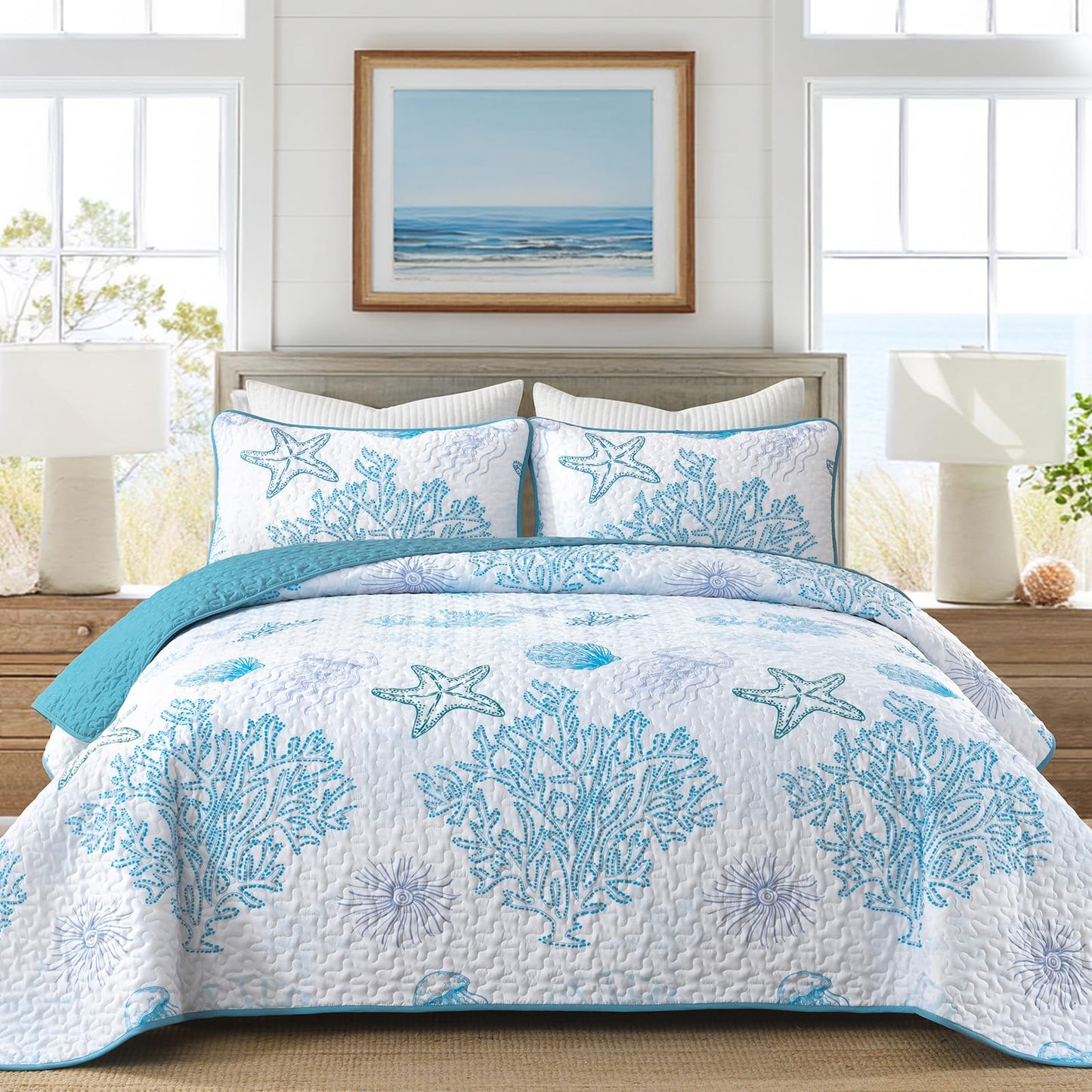 DJY Ocean Coastal Quilt Sets Queen Size,Reversible Microfiber Quilts with 2 Shams Soft Lightweight Beach Bedding Green Nautical Bedspread Coverlet Summer Comforter Set for All Season,96"x90"