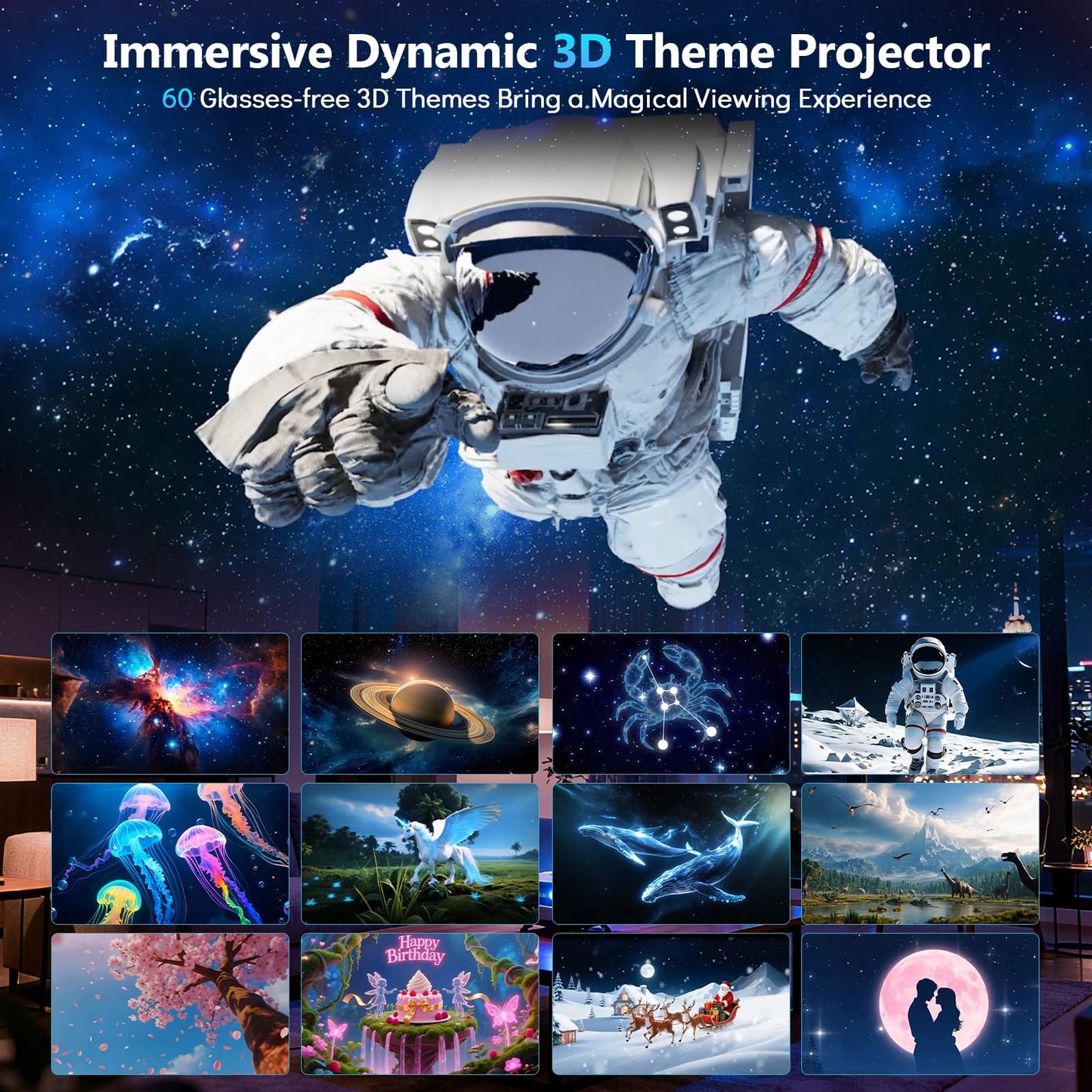 Rossetta 3D Galaxy Projector, 60 Scenes Adjustable Focal Planetarium Projector with Bluetooth Speaker, Timer & Remote Control, Ceiling Projector for Bedroom, Kids Room, Party, Gift for Kids & Adults