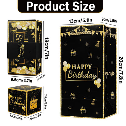Jacyan Birthday Surprise Gift Box Explosion for Money, Exploding Money Gift Box for Cash Pop up Birthday Money Explosion Box Surprise Party Gift 12 Folding Bounce Boxes for Men Women Kids, Black Gold