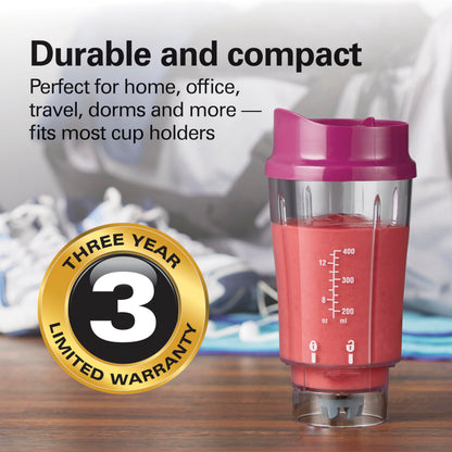 Hamilton Beach Portable Blender for Shakes and Smoothies, 14 Oz BPA Free Travel Cup & Lid, Durable Stainless Steel Blades, Personal Smoothie Blender, Raspberry, 51131G