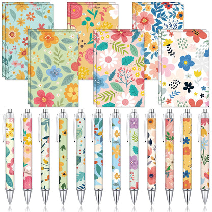 Motiskyy 24 Pcs Floral Pens Flower Ballpoint Pens Flower Notepads Set Design Line Notebook Employee Gifts Set for Student School Office Supplies, Back to School Gift(Cute)