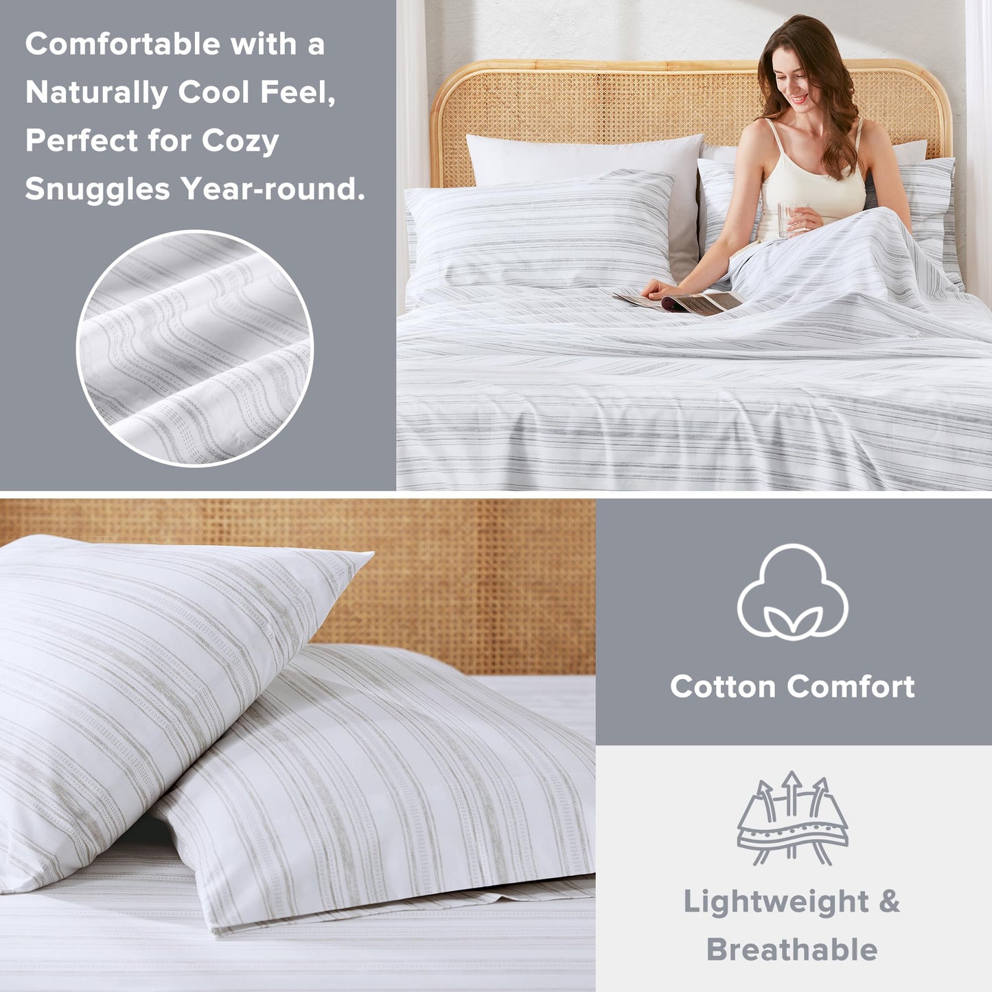 Comfort Spaces 100% Cotton Sheets King, Breathable, Naturally Cool Cotton Sheets, Soft Cotton Bed Sheets with 14" Elastic Pocket Fits up to 16" Mattress, All Seasons Sheet Set, Good Vibes Grey 4 Piece