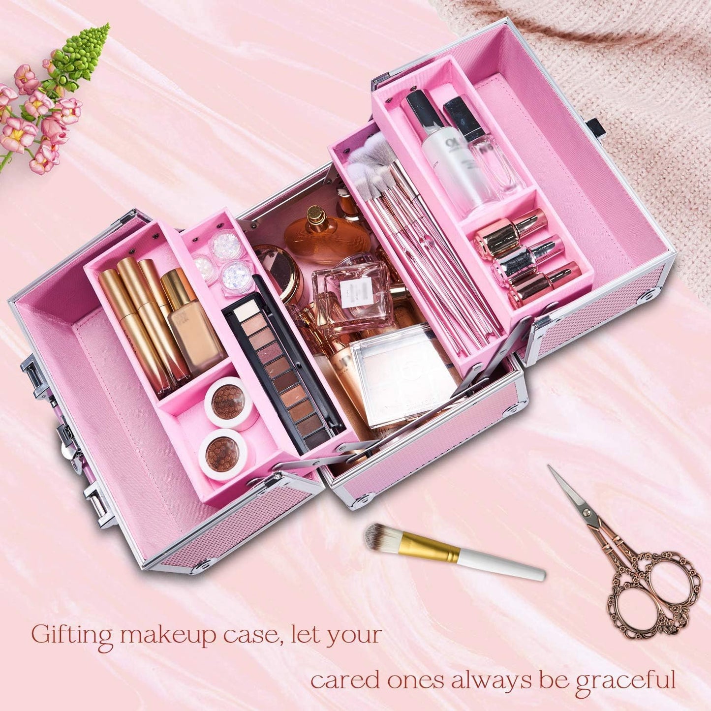 Frenessa Makeup Box Organiser Cosmetics Case Jewellery Organiser Box Vanity Case Pink Make Up Storage Beauty Case Lockable with Keys