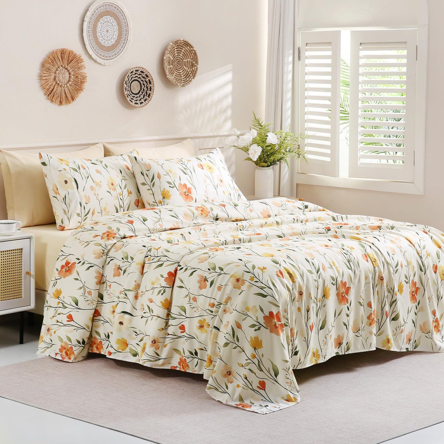 Botanical 6-Piece King Size Sheets Set, Boho Floral Print Brushed Microfiber Sheets, Cooling Bed Sheet Set, Ultra Soft & Breathable, 16' Deep Pocket Fitted Sheet & Pillowcase Set, Beige Floral