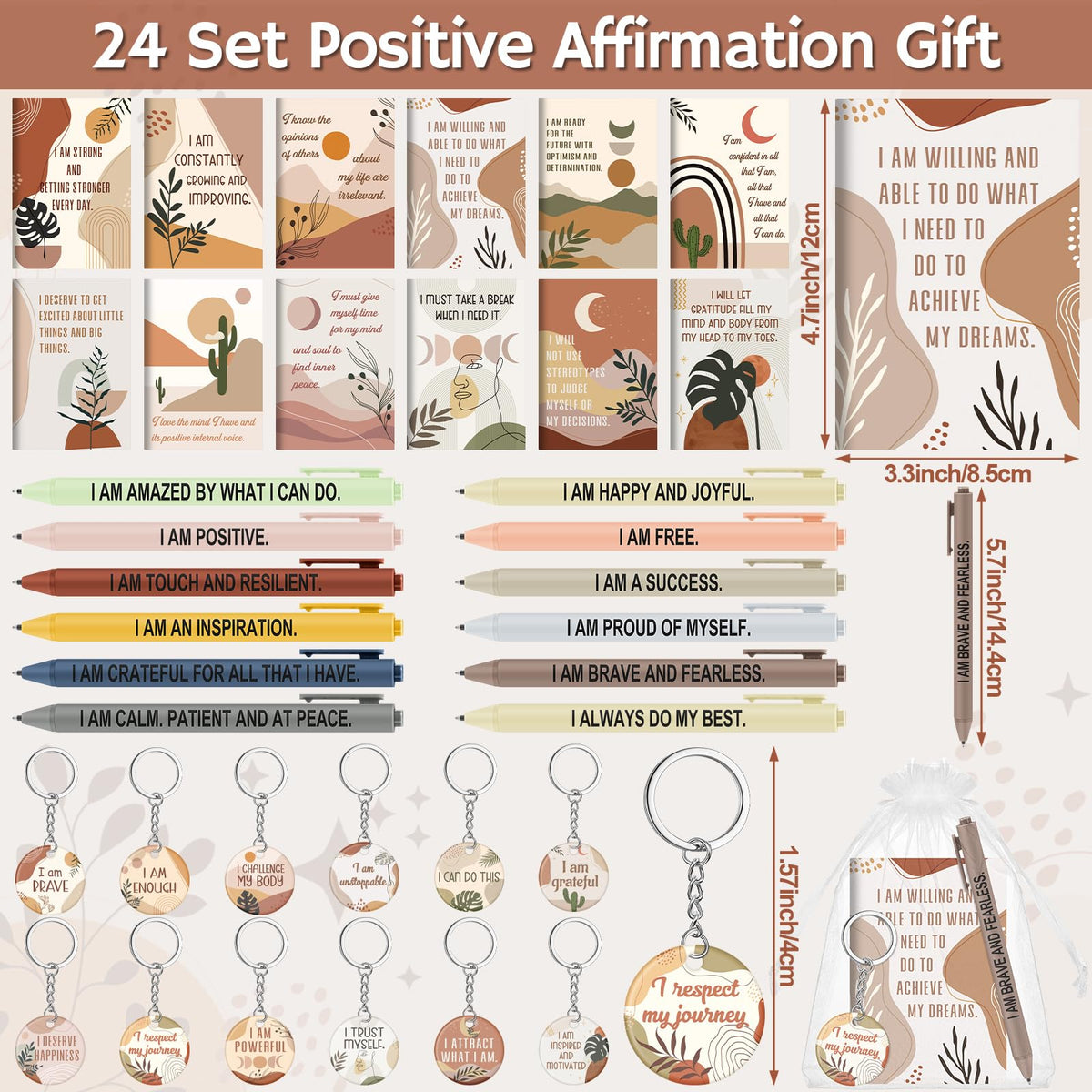 Mooliwe 72 Pcs/24 Set Positive Affirmation Gift Set Gratitude Notebooks with Pens Acrylic Keychains Small Bags Motivational Notepads for Women Coworkers Christmas Adults Party Favors (Boho)