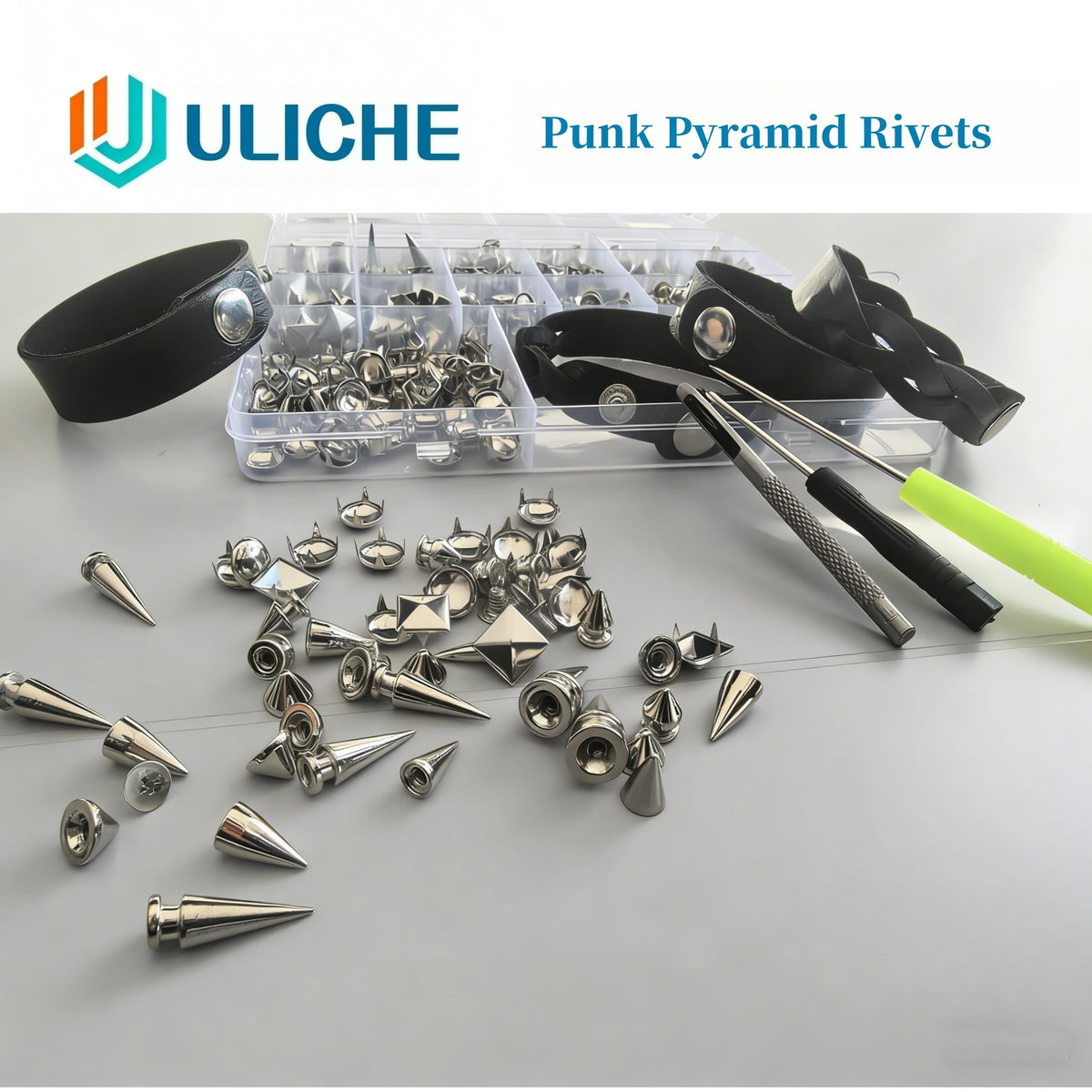 Uliche 559 Pcs Punk Studs and Spikes Kit，8 Sizes Cone Spikes,Square Pyramid&Circular Rivet,Metal Tree Spikes Studs for Clothing and Leathercraft Accessories DIY Craft Decoration,Wristband Included