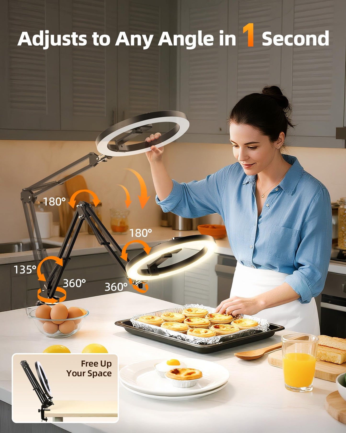 LUXSURE Ring Light with Stand for Desk, Overhead Phone Mount with 10" Ring Light Tripod for iPhone, CRI＞95, Phone Tripod with Light for Video Recording, Cooking, YouTube, Content Creation