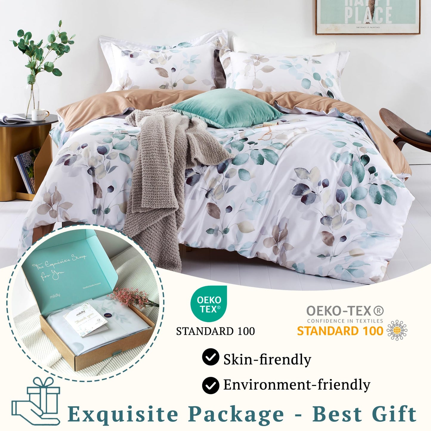 MILDLY Floral Duvet Cover Set - 100% Long-Staple Cotton Gradient Teal Leaves Pattern Comforter Cover 3pcs Soft Breathable Luxury Bedding for All Season