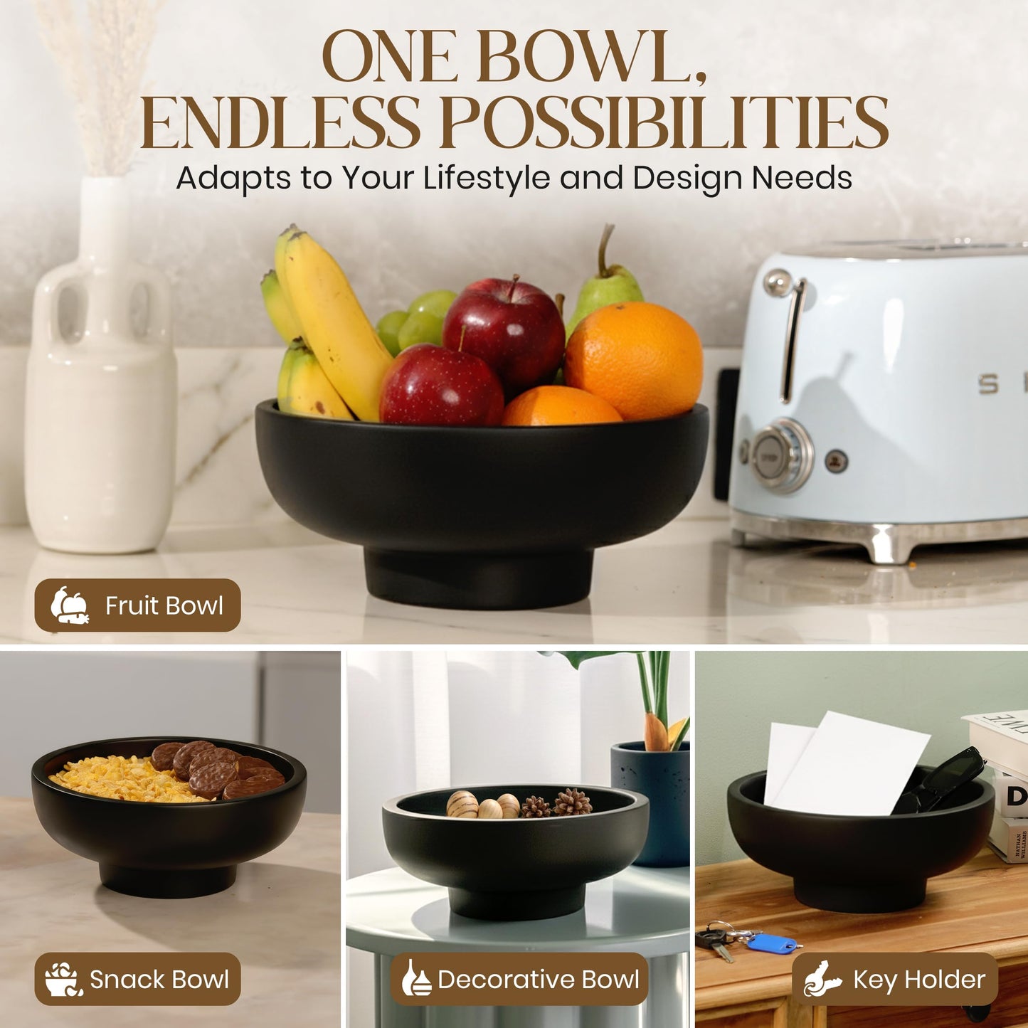 E-Click Commerce Handmade Concrete Decorative Bowl (Black) – Modern Minimalist Centerpiece for Coffee Table, Kitchen Counter & Entryway – Large 10” Artisan Fruit Bowl, Unique Home Decor Accent
