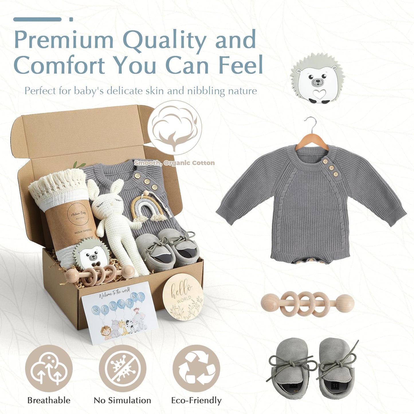 meloom Baby Gift Set, Baby Boy Newborn Gifts Box, Boho Gender Neutral Unisex Baby Essentials, Baby Shower Gifts for New Moms, New Baby Gifts for Boys, Personalized Gift Basket for New Babies