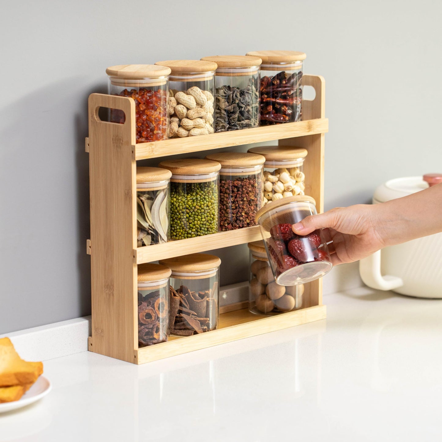 Basicwise Versatile 3-Tier Bamboo Spice Rack and Pantry Organizer with 12 Glass Jars – Perfect for Countertop Storage in Kitchens to Keep Seasoning Containers Neatly Displayed and Easily Accessible