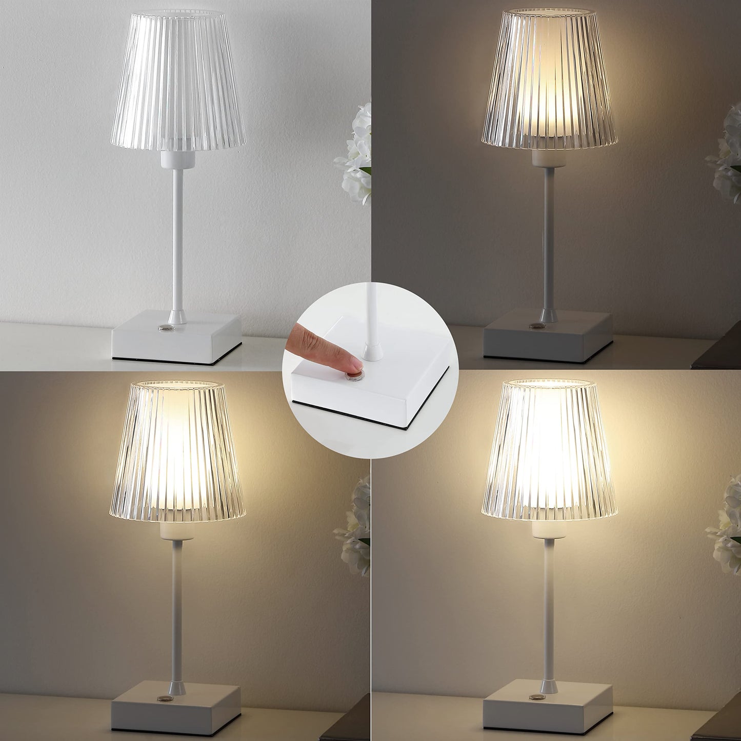 JONATHAN Y 12.5" White Cordless Portable Rechargeable LED Lamp, with Clear Ribbed Acrylic Shade, Touch Dimmable Modern Industrial Mini Accent Lamp for Bar Vanity (JYL7225B)